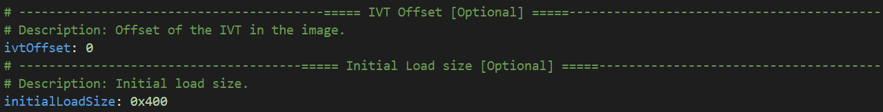 IVT offset to 0, initial load size to 0x400